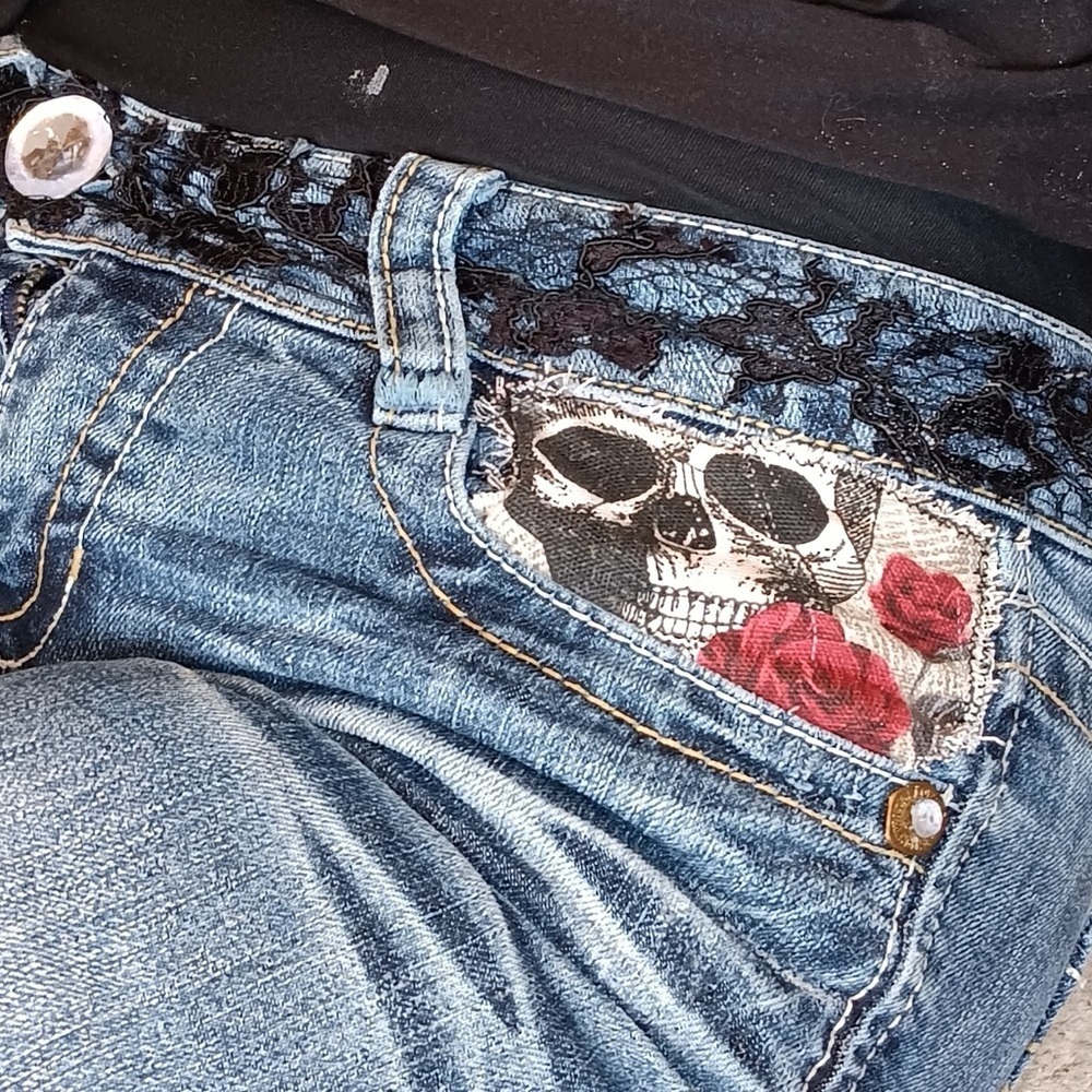 Upcycled, Wallflower Size 3 Flared Jeans Handmade Roses & Skulls Jeweled Lace - Picture 7 of 15